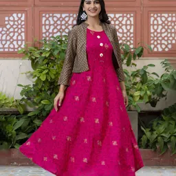 HERE&NOW Floral Printed Round Neck Anarkali Kurta With jacket-picture-30