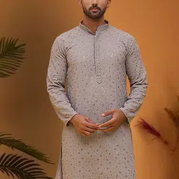 Jompers Men Mandarin Collar Embroidered Chikankari Kurta-picture-37