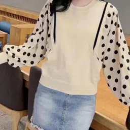 KPOP Women Polka Dot Print Puff Sleeve Cotton Top-image-45