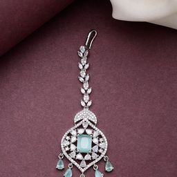 ZENEME Rhodium-Plated American Diamond Studded Maang Tikka Head Jewellery-12
