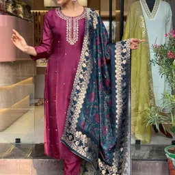 JAPNAAM Floral Embroidered Regular Kurta with Trousers & With Dupatta-image-11