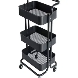 KriShyam Black Metal 3-Tier Mesh Rolling Utility Cart With Lockable Wheels-19