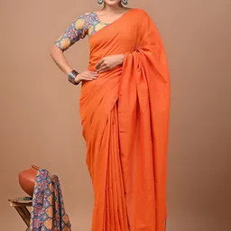 PALLO LATKEN Solid Saree With HandBlock Printed Blouse-image-62