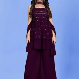 PARROT CREATION Women Embroidered Regular Sequinned Kurti with Sharara & With Dupatta-23