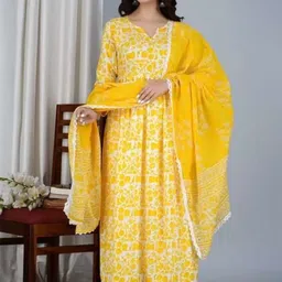 PINGHAKS Women Floral Printed Angrakha Pure Cotton Kurta with Trousers & With Dupatta-picture-17