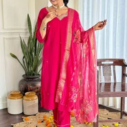 Siya Fashion Women Floral Embroidered Regular Thread Work Kurta with Trousers & With Dupatta-image-91