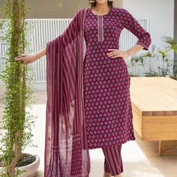 SZN Women Floral Self Design Cotton Kurta with Trousers & Dupatta-picture-33