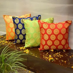 RoyalDeco Red & Beige 4 Pieces Ethnic Motifs Brocade Square Cushion Covers-image-37