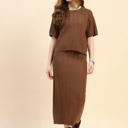 Global Republic Self Design Round Neck Short Sleeves Top With Skirt-image-87