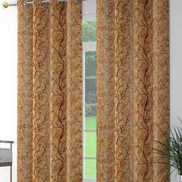 Aura Yellow & Brown 2 Pieces Floral Printed Room Darkening Velvet Door Curtains-image-33