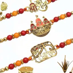 MEIRA JEWELLERY Set Of 3 Beaded Rakhi & Greeting Card With Chawal Roli Chawal Gift Set-19