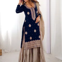 Fusionic Women Ethnic Motifs Embroidered Regular Kurta with Sharara & With Dupatta-picture-11
