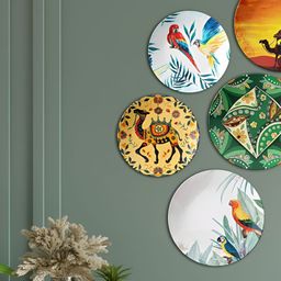THE QUIRKY HOME 5 Pieces Green & Beige Birds & Camels Ceramic Wall Plates-47