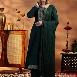 Libas Floral Embroidered Zari Yoke Design A Line Kurta with Trousers & Dupatta-54