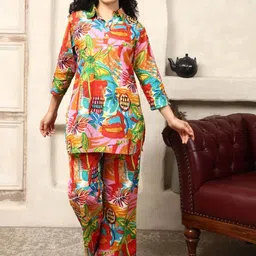 House Of Attire Pure Cotton Printed Collared Neck Tunic With Trousers Co-Ords-image-48