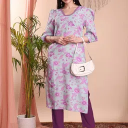 Sangria Floral Printed Square Neck Puff Sleeves Straight Kurta-picture-50