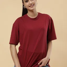 Mast & Harbour Round Neck Drop Shoulder Sleeves Oversized Pure Cotton T-shirt-image-71