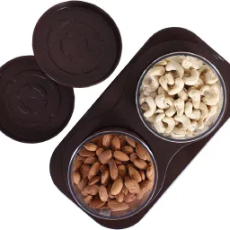 kuber industries 2 Containers&Tray Set|Unbreakable Plastic ServingTray,350 ml|Brown|with Airtight Container Serving Set image 3