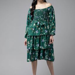 BAESD Women Floral Printed Off-Shoulder Puff Sleeve Fit and Flare Dress-image-96