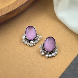 NAMAN ARTS Silver-Plated Artificial Stones Studded & Beaded Oval Shaped Oxidised Studs-6