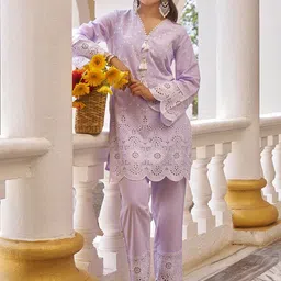 HEEPOSH Embroidered Pure Cotton V Neck Tunic With Trousers Co-Ords Set-image-4