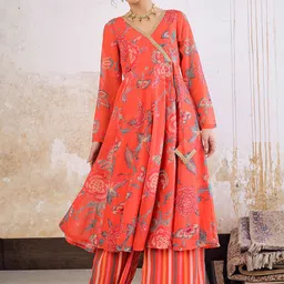 Shae by SASSAFRAS Floral Printed Angrakha V-Neck Georgette Anarkali Kurta With Palazzos-23