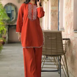 AUTUMN LANE Bali Apricot Work Mandarin Collar Pure Cotton Tunic With Trousers Co-Ords-picture-10