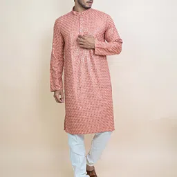 KUNDALI KAKSHAY Geometric Embroidered Sequinned Mandarin Collar Straight Kurta-image-12