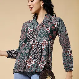 Womenster Women Ethnic Motifs Printed Mandarin Collar Cotton Peplum Top-picture-40