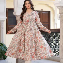 Sitaram Designer Women Floral Printed Angrakha Pure Cotton Kurta with Trousers-14