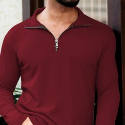 Men Self Design Polo Neck Polycotton Maroon T-Shirt-image-6