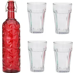 Bottle & 4 Glass Serving Lemon Set, Red, Clear, Glass - A921 Jug Glass Set-image-85