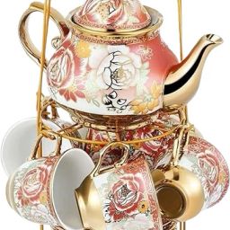 Pack of 13 Porcelain Tea Set Teapot with 6 Cups,6 Saucers & Holder Stand Random Pattern Designs-14