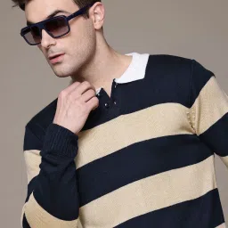 Men Striped Keyhole Neck Black, Beige Sweater-image-89