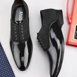 HERE&NOW Men Charcoal Textured Formal Lace-Up Oxfords Shoes-image-32