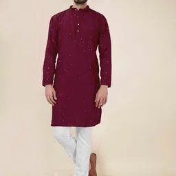 NEGRONI Geometric Embroidered Band Collar Sequinned Straight Kurta-image-32