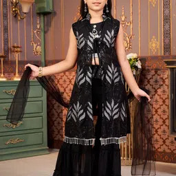 Sangria Girls Embroidered Kurta Sharara Set With Shrug Dupatta-image-92