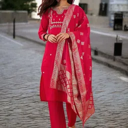 KIMISHA Floral Embroidered Notch Neck Zari Straight Kurta With Trousers & Dupatta-image-15