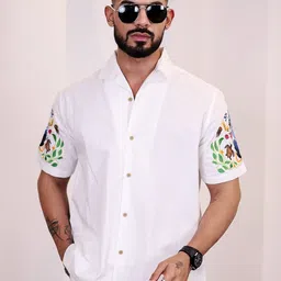 Eszett Floral Printed Spread Collar Embroidered Cotton Casual Shirt-picture-25