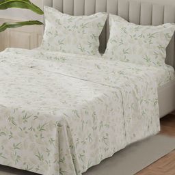 Layers White & Green Floral 140 TC King Bedsheet with 2 Pillow Covers-image-83