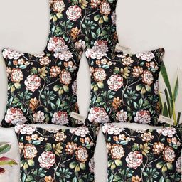 Blue Grass Black & Green 5 Pieces Floral Printed Satin Square Cushion Covers-image-21