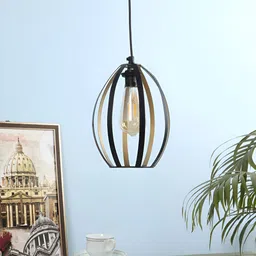 Two Moustaches Black & Gold-Toned Textured Oval Shaped Metal Hanging Ceiling Lamp-25
