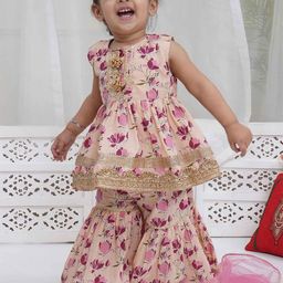 Little Bansi Girls Floral Printed Thread Work Pure Cotton Kurta With Sharara & Dupatta-image-28