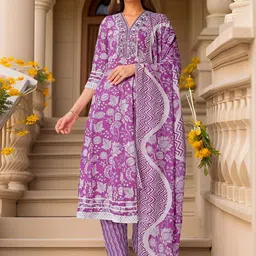 Banwaree Women Floral Printed Anarkali Pure Cotton Kurta with Trousers & Dupatta-picture-32