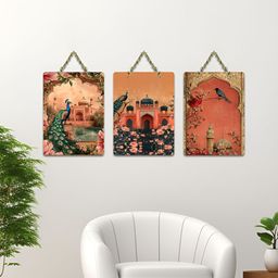 ArtVibes Green & Pink 3 Pieces Printed Wooden Wall Hanging Decors-image-103