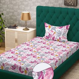 KLOTTHE Purple Floral Printed 300 TC Cotton Single Bedsheet Set 2.25 x 1.50 m-picture-21