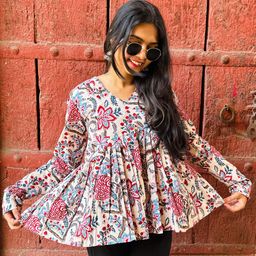 Vastravali Jaipur Floral Printed V-Neck Pure Cotton Pleated Anarkali Kurti-image-92