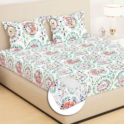 Story@home White & Blue Ethnic Motifs 210 TC King Bedsheet with 2 Pillow Covers-image-48