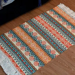 INDIAN HOME FAB Beige & Blue Geometric Printed Anti-Slip Water Absorbent Cotton Floor Mat-18