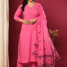 KALINI V-Neck Three-Quarter Sleeves Straight Kurta With Trousers & Dupatta-50
